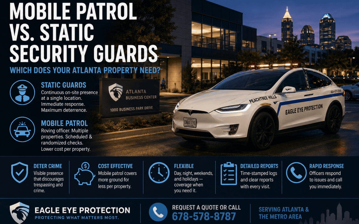 Infographic comparing mobile patrol and static security guard services for Atlanta businesses