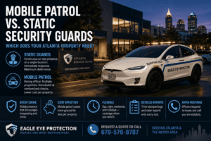 Infographic comparing mobile patrol and static security guard services for Atlanta businesses