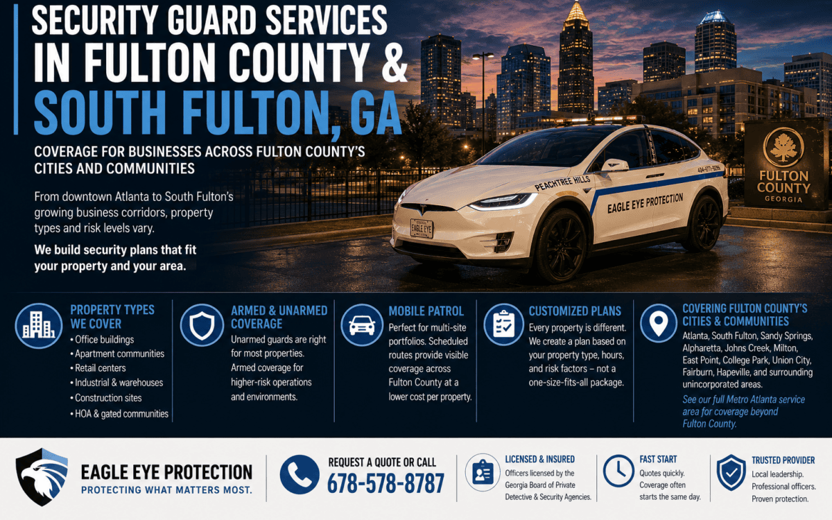 Infographic showing security guard services coverage across Fulton County and South Fulton, GA