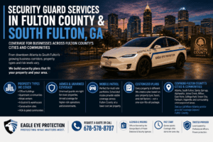Infographic showing security guard services coverage across Fulton County and South Fulton, GA