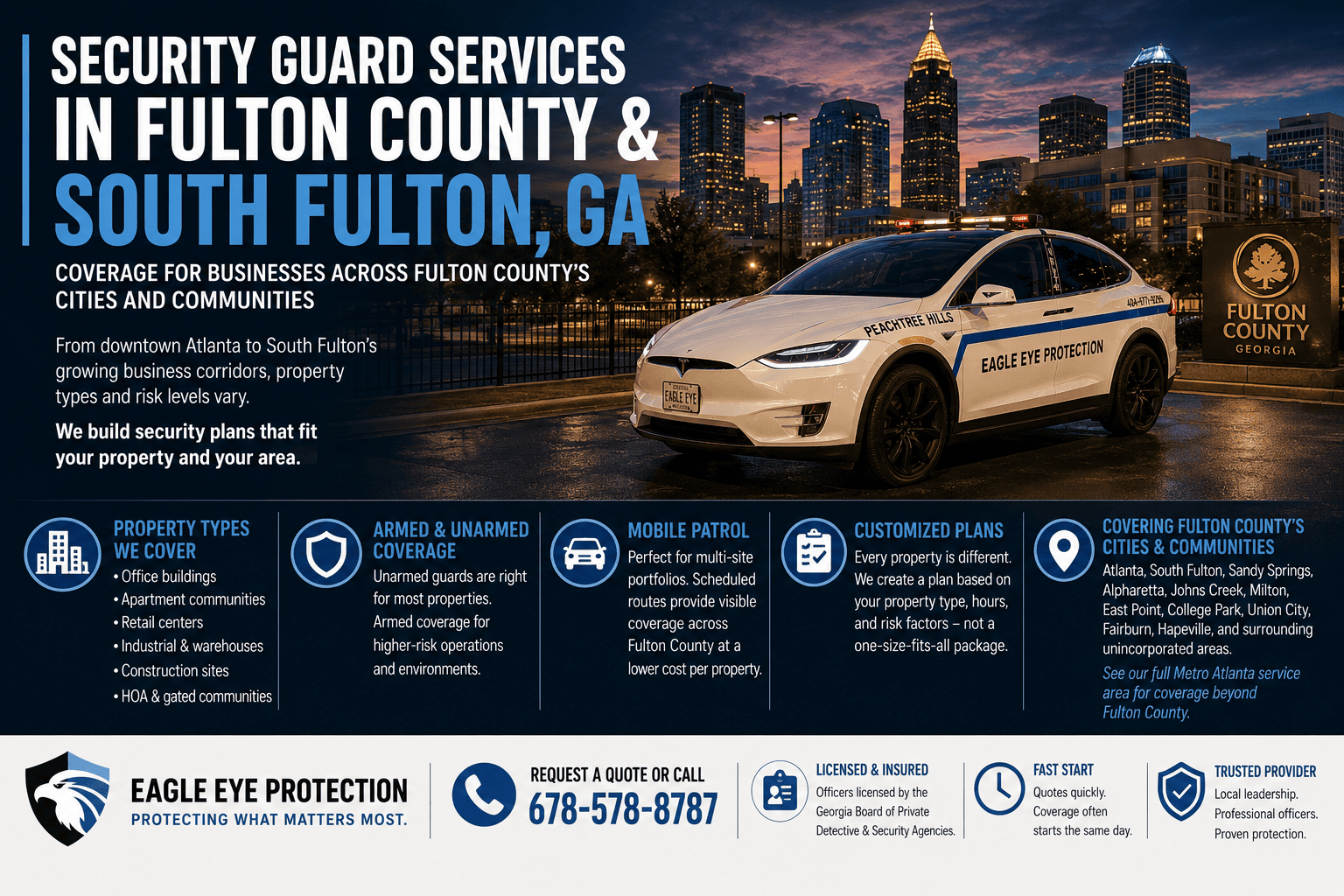 Infographic showing security guard services coverage across Fulton County and South Fulton, GA
